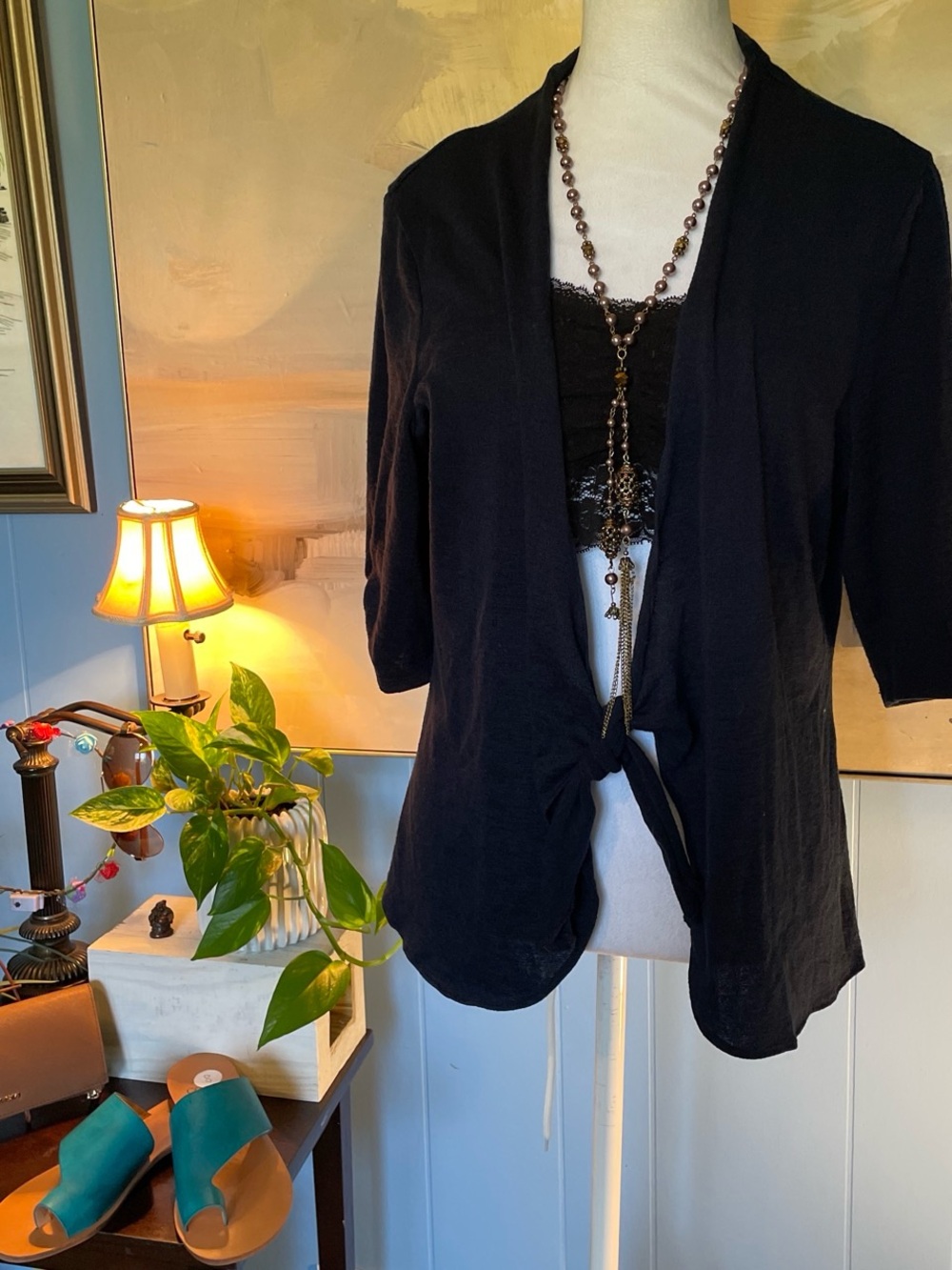 Perceptions Navy Blue Tie-Front Open Cardigan with 3/4 Sleeves